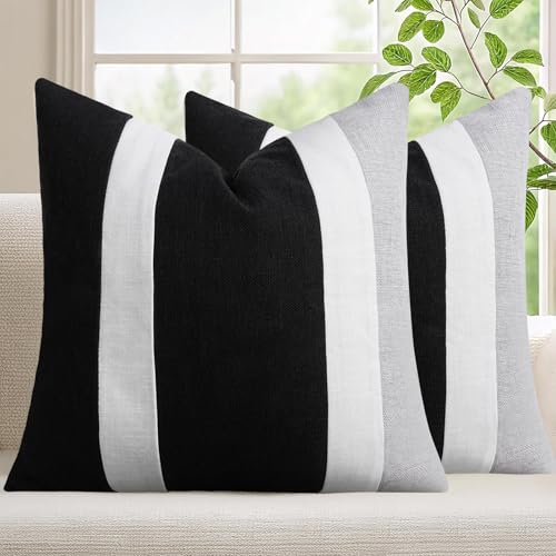Adabana Modern Pillow Covers 18x18 Set of 2 Farmhouse Decor Patchwork Linen Cushion Covers for Living Room Couch Bed Black...