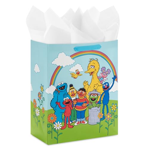 Hallmark Sesame Street 13" Large Gift Bag with Tissue Paper (Big Bird, Elmo, Grover, Cookie Monster) for Birthdays, Christ...