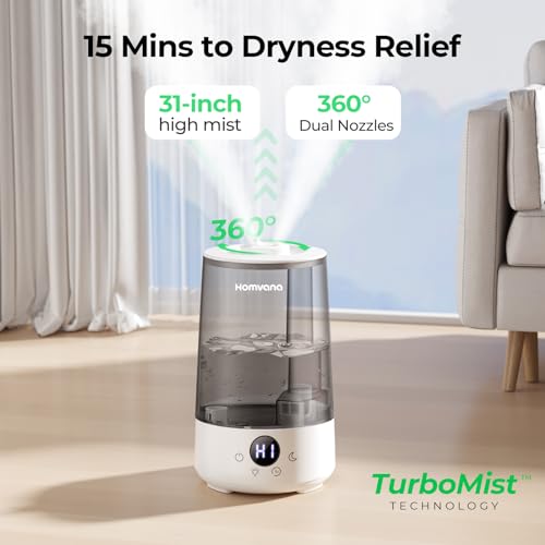 Homvana Humidifiers for Bedroom Home, 3.6 L Cool Mist Top-Fill 34H Super Long Time, Quiet 23dB, Baby Humidifier, Oil Diffu...
