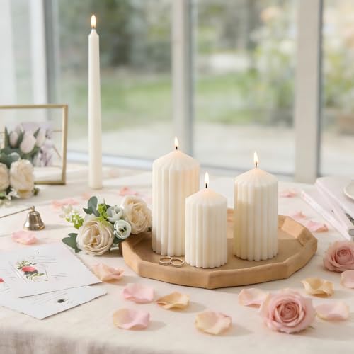 3 Pack White Ribbed Pillar Candles - Soy Wax Unscented, 2.76" x4.2/4.9/5.9 in Smokeless Non Toxic Cotton Wick, Aesthetic M...
