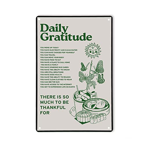 Room Decor Aesthetic Wall Decor Daily Gratitude Inspirational Metal Tin Sign, Green Boho Home Coffee Room Wall Office Deco...