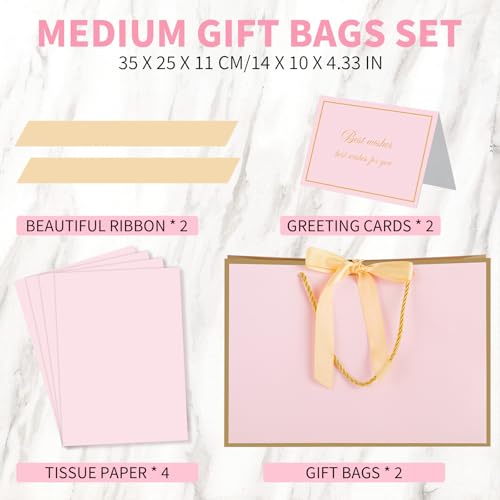 woric Pink Gift Bags with Handles, 14" Medium Gift Bags with Tissue Paper, 2 Pcs Pink Bags with 4 Tissue Paper and 2 Cards...