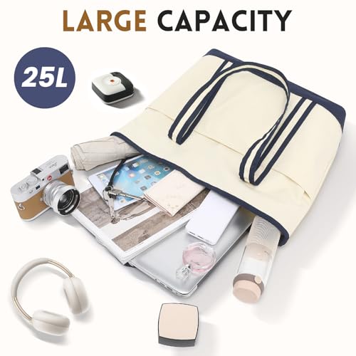 QYEPYUE Large Canvas Tote Bag for Women, Beach Bag with Zipper, Utility Tote Bag with 3 Front Pockets, Weekender Pool Bag