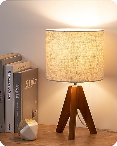 EDISHINE Tripod Table Lamp, Small Cute Bedside Lamp with Linen Beige Lampshade, Nightstand Lamp for Nursery, Bedroom, Kid ...