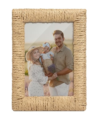 takfot Boho 5x7 Picture Frame, Natural Boho Rattan Photo Frame with Real Glass Paper Rope for Wall and Tabletop Display Gi...