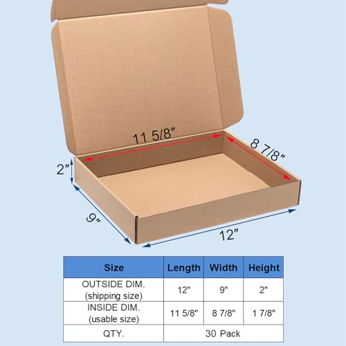 Wowxyz Shipping Boxes 12x9x2" 30 Pack - Brown Corrugated Cardboard Mailing Box for Small Business, Kraft Medium Literature...
