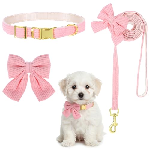 2pcs Dog Collar and Leash Set with Bowtie Cute Small Dog Collar Harness Leash Set Adjustable Breathable Soft Padded for Sm...