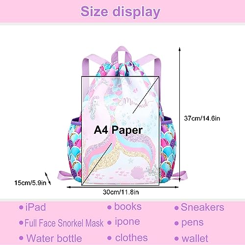 RHCPFOVR Drawstring Backpack for Kids - Mermaid Bags for Girls Gym Dance Beach Swim Travel Bag With Two Water Bottle Holder