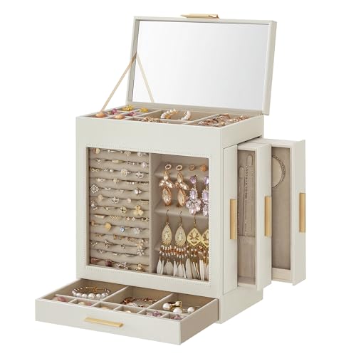 SONGMICS Jewelry Box with Glass Window, 5-Layer Jewelry Organizer with 3 Side Drawers, Jewelry Storage, with Big Mirror, M...