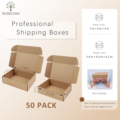 BIOBROWN 7x5x2" Small Shipping Boxes 50 Pack, Corrugated Cardboard Mailer Boxes Bulk for Packaging Small Business Mailing ...