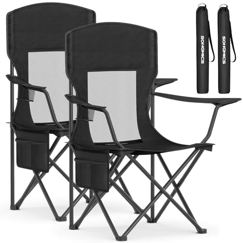 SONGMICS Breathable Camping Chairs, Foldable Outdoor Chairs Set of 2, High Back, Adjustable Armrests, Drink Holder, Weight...