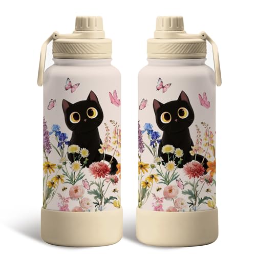 Gift for Cat Lovers - 34oz Black Cat Water Bottle for Girls, Cats Flower Tumbler with Lid, Leak-Proof, Double Wall Travel ...