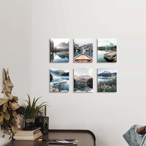 Nature Lake Landscape Wall Art: Unframed Pier Boat Poster Decor Forest Mountain Scenery Prints Photography Relaxing Theme ...