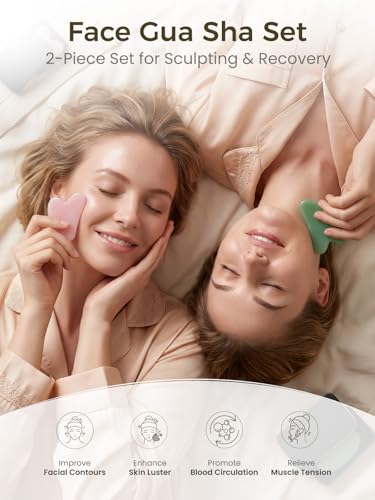 2PCS Gua Sha Facial Tools, Guasha Tool to Reduce Facial Puffiness & Tension, Lymphatic Drainage Massage Tool for Face, Nec...