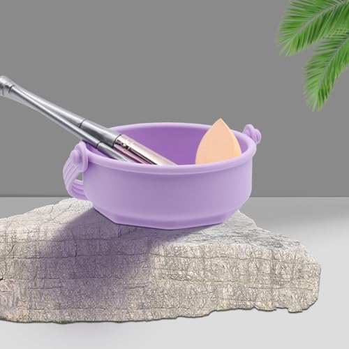 Makeup Brush Cleaning Mat - Makeup Brush Cleaner, Portable Silicone Makeup Brush Cleaner Bowl with Drying Holder (Purple)