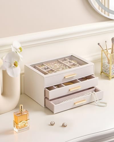 Lolalet Jewelry Box Organizer, 3-Layer Jewelry Organizers and Storage Case with Glass Lid, Ring Earring Bracelet Necklace ...