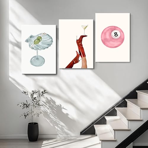 Framed Funky Martini Posters Wall Art Set of 3, Vintage Preppy Aesthetic Canvas Prints, Trendy Pink Number 8 Y2K Girl Room...
