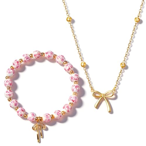 AUSGER Flower Beads Bow Charm Bracelet Necklace Set for Women, 14K Gold Beaded Gold Bow Bracelet Handmade Stretch Dainty R...