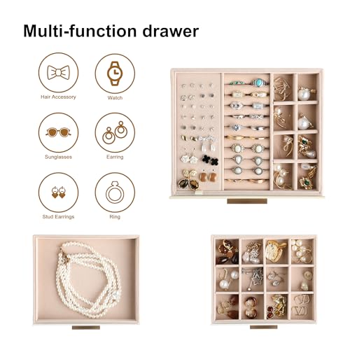 Frebeauty Clear Lid Jewelry Box,3-Layer Jewelry Organizer with Drawer,PU Leather Jewelry Organizers and Storage,Jewelry Bo...