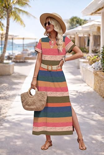 OFEEFAN Summer Dresses for Women 2026 Maxi Dress Short Sleeve Sundresses with Pockets Beach Vacation Spring Outfits