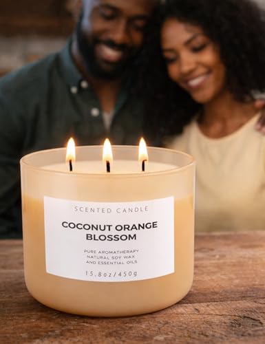 Coconut Orange Blossom Scented Candle - Large 3-Wick Aromatherapy Soy Candle, 15.8 oz - Highly Scented, Clean Burning, Lon...