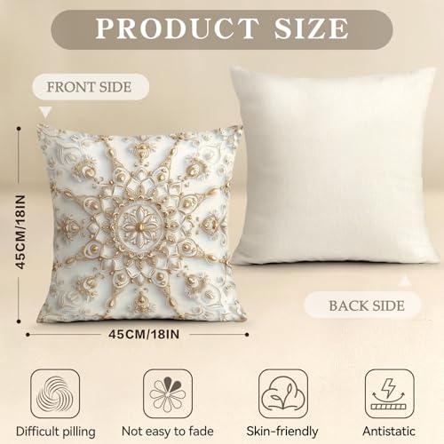 OBSEDE Golden Mandala Decorative Throw Pillow Covers 18x18 Set of 4, White and Gold Boho Cushion Case for Sofa Couch