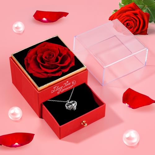 Gifts for Women Mom Rose with Necklace: Preserved Red Flowers Jewelry Presents for Mother Mama from Daughter Son