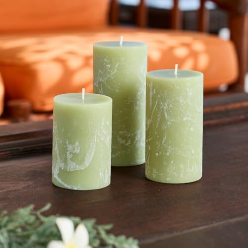 Becky Home Green Scented Pillar Candles Set of 3, 3x4, 3x5, 3x6 Green Candles, Sage Pilar Scented Candle, Ideal as Weddin...