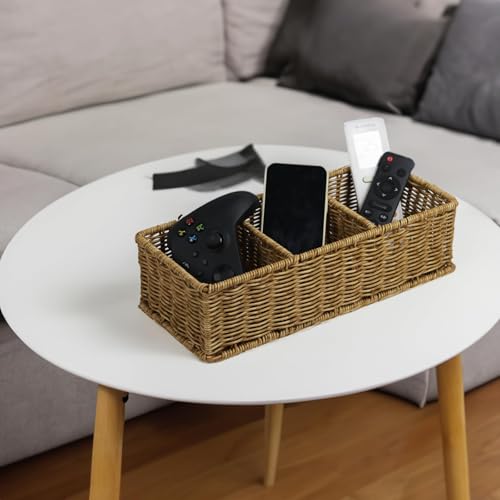 Waterproof Wicker Basket With 3 Compartments, Hand Woven Bathroom Counter Organizer, Small Storage Basket for Toilet Paper...