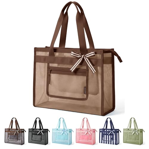 BAGSMART Mesh Beach Bag with Zipper Pocket, Large Beach Tote Bags for Women | for 40 oz Bottle, Removable Ribbon Bow, Sand...