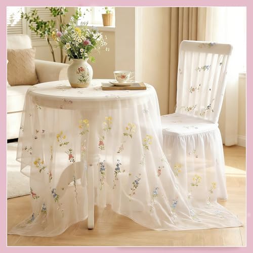 Lounsweer 3 Pcs Wildflower Table Runner 10ft/ 29 Inch x 120 Inch White Embroidery Wildflower Spring Summer Tulle Lace Runn...