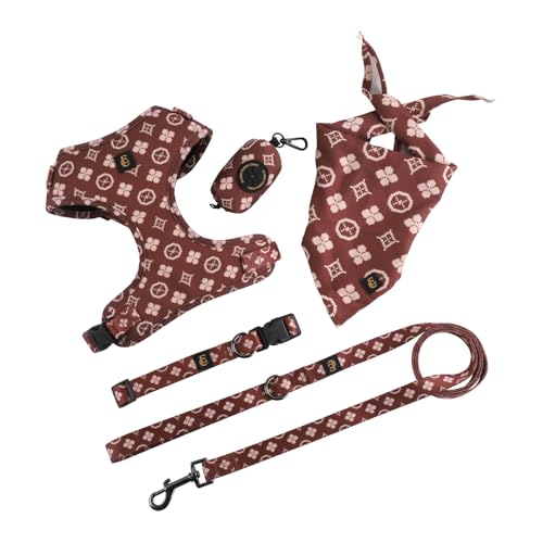 Adjustable Dog Harness, Leash, Poop Bag Holder/Dispenser and Bandana Set, No Pull, Soft Mesh Padded, for Small/Medium Dog...