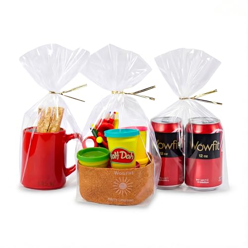 Wowfit 50 CT 8x12 Inch Clear Flat Cellophane Treat Bags with 6” Gold Twist Ties, Cello Packaging for Mugs, Dessert, Muffin...