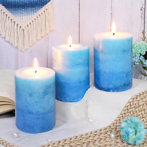 3x4 Inche Pillar Candles Ocean Scented Aromatherapy Candles Long Lasting Burn Blue Mottled 3-Layered Candles for Home Scen...