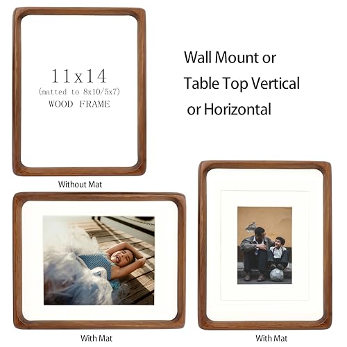 XKIILH 11x14 Picture Frames Walnut Solid Wood with Real Glass Vertical Horizontal Standing Display Photos 5x7/8x10 with Ma...