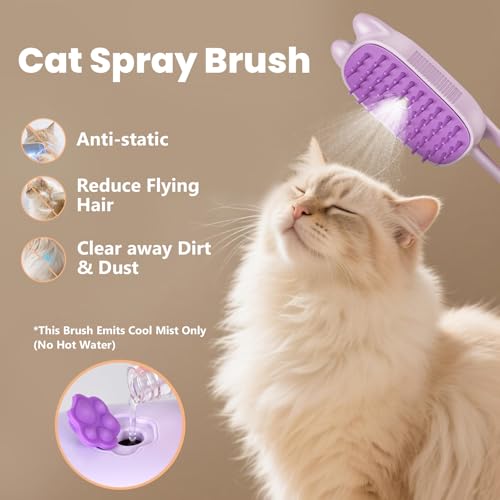 Rechargeable Cat Steam Brush with Mist Spray, 3-in-1 Pet Steam Brush for Long and Short Haired Cats and Small Dogs, Anti-S...