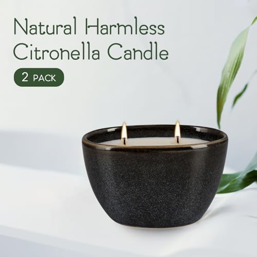 2-Pack Black Ceramic Citronella Scented Candles – Dual-Wick, All-Natural Wax, Decorative Geometric Design for Indoor/Outdo...