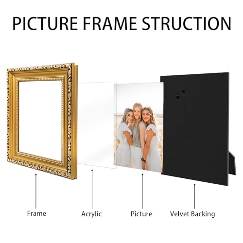 MIEVU 5x7 Picture Frame Gold - Pack of 1 Vintage Picture Frames And Tabletop Display, Ornate Photo Frame for Poster