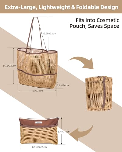 ToKismet Mesh Beach Tote Bag Packable,2026 New 2-in-1 Large Lightweight Foldable Beach Bags with Multiple Pockets for Women