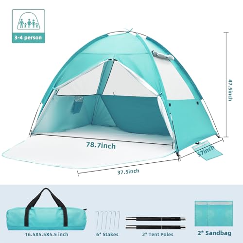 COVACURE 2026 New Upgraded Beach Tent Sun Shelter - UPF 50+ UV Protection Beach Shade for 3-4 Person, Waterproof & Lightwe...