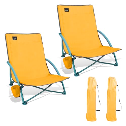 NORTHROAD 2 Pack Low Folding Beach Chair,Portable Lightweight Lowback Sling Chair, Outdoor Low Seat Camping Chair w/Cup Ho...