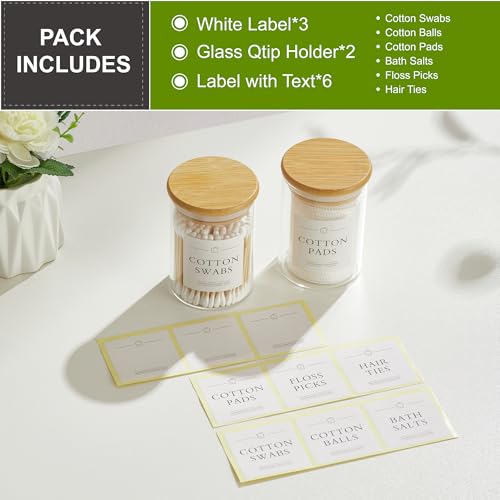 INIUNIK 2 Pack Qtip Holder Dispenser - Glass Apothecary Jars with Lids, Cotton Ball Pad Swab Round Holder, Bamboo Bathroom...