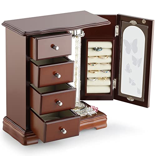 RR ROUND RICH DESIGN Jewelry Box - Made of Solid Wood with 4 Drawers Organizer and Built-in Necklace Carousel and Large Mi...
