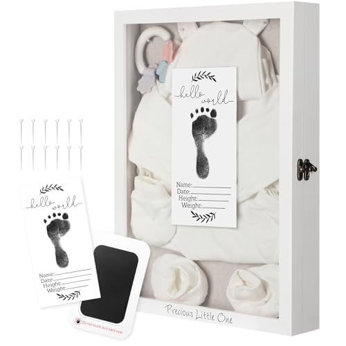 Jetec Baby Shadow Box 12x16 Large White Baby Keepsake Box with Linen Back Hello World Newborn Sign Ink Pad Wood Memory Fra...