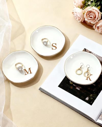 Fmeida Jewelry Tray Ring Dish for Women, Initials Ceramic Jewelry Dish, Personalized Aesthetic Decorative Birthday Valenti...