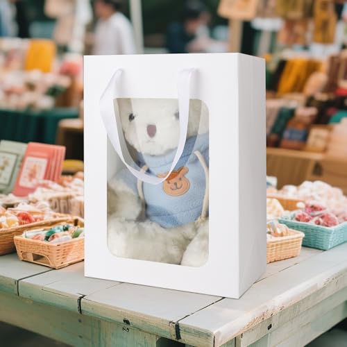 MOXARYSU 6 Pcs White Gift Bags with Clear Window: 9.8x5.1x7.1 Inch Small Medium Kraft Paper Bags with Handle For Party Bus...