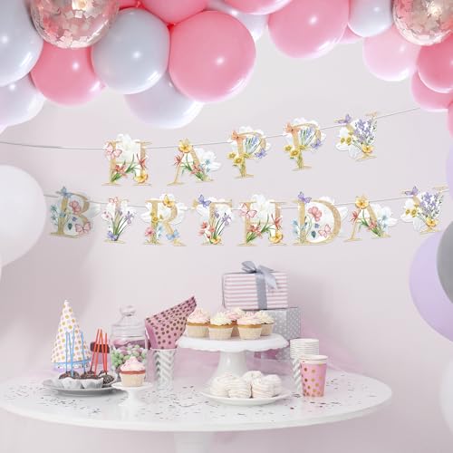 Lemicin Flower Butterfly Happy Birthday Banner Boho Wildflower and Butterflies Baby Banner Flower Birthday Decorations for...