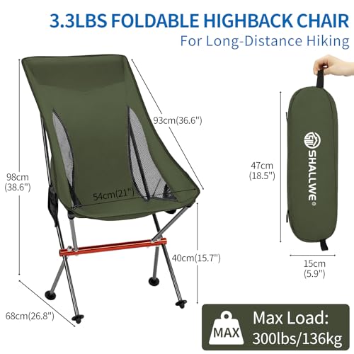 SHALLWE Camping Chairs, All Aluminum Frame Portable Folding Camp Chair for Adults, Heavy Duty High Back Collapsible with B...