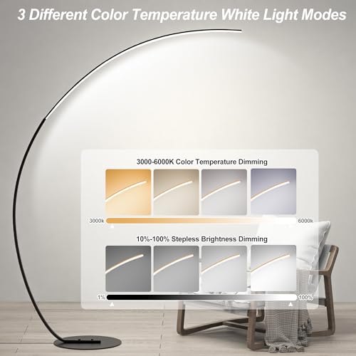 E.P. Light RGBW Modern 69.99 inch Arched Standing Reading Floor Lamp with Remote - Dimmable Black Led Color Changing Curve...