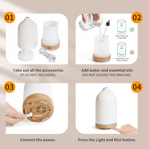 URPOWER 120ML Ceramic Essential Oil Diffuser, Ultrasonic Aromatherapy Diffuser with 7-Color Lights, Auto Shut-Off, Quiet O...